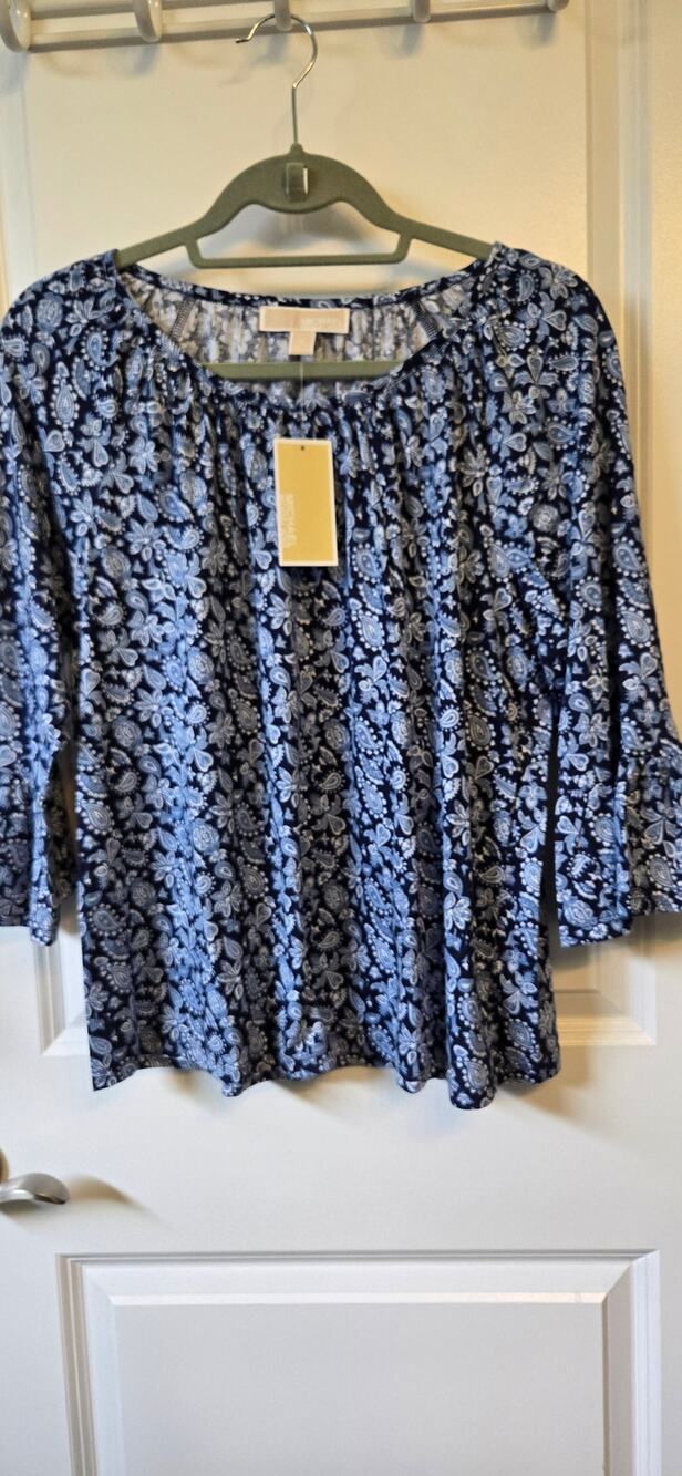 NWT Michael Kors Top Womens Med Blue Paisley Flowy Peasant Cottagecore Boho Edge